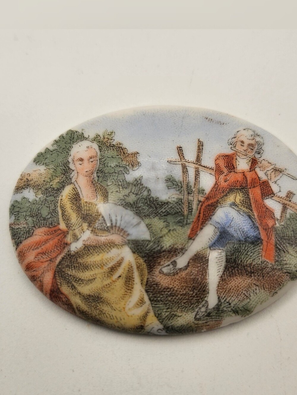 Vintage Porcelain Cabochon Oval Courting Couple Flute Player